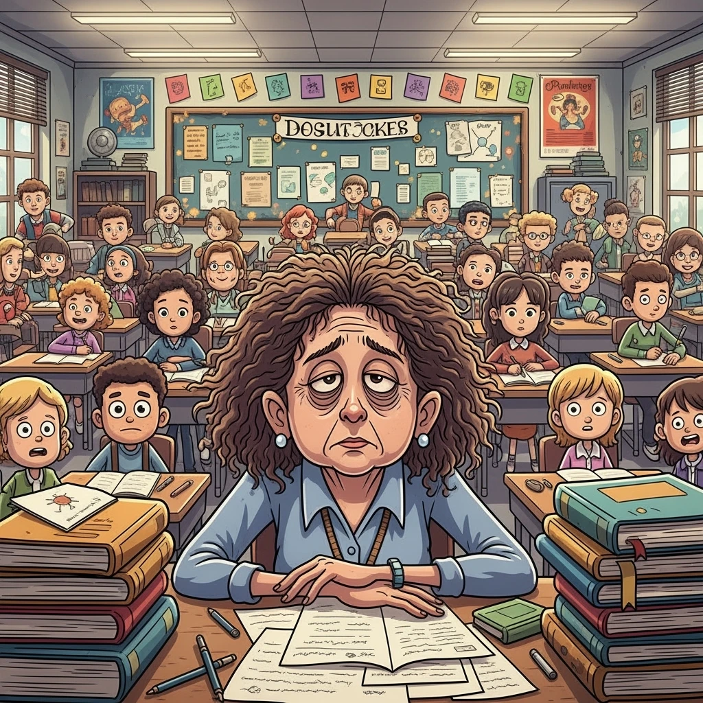 digital cartoon art of a exhausted teacher in a bustling classroom emoji