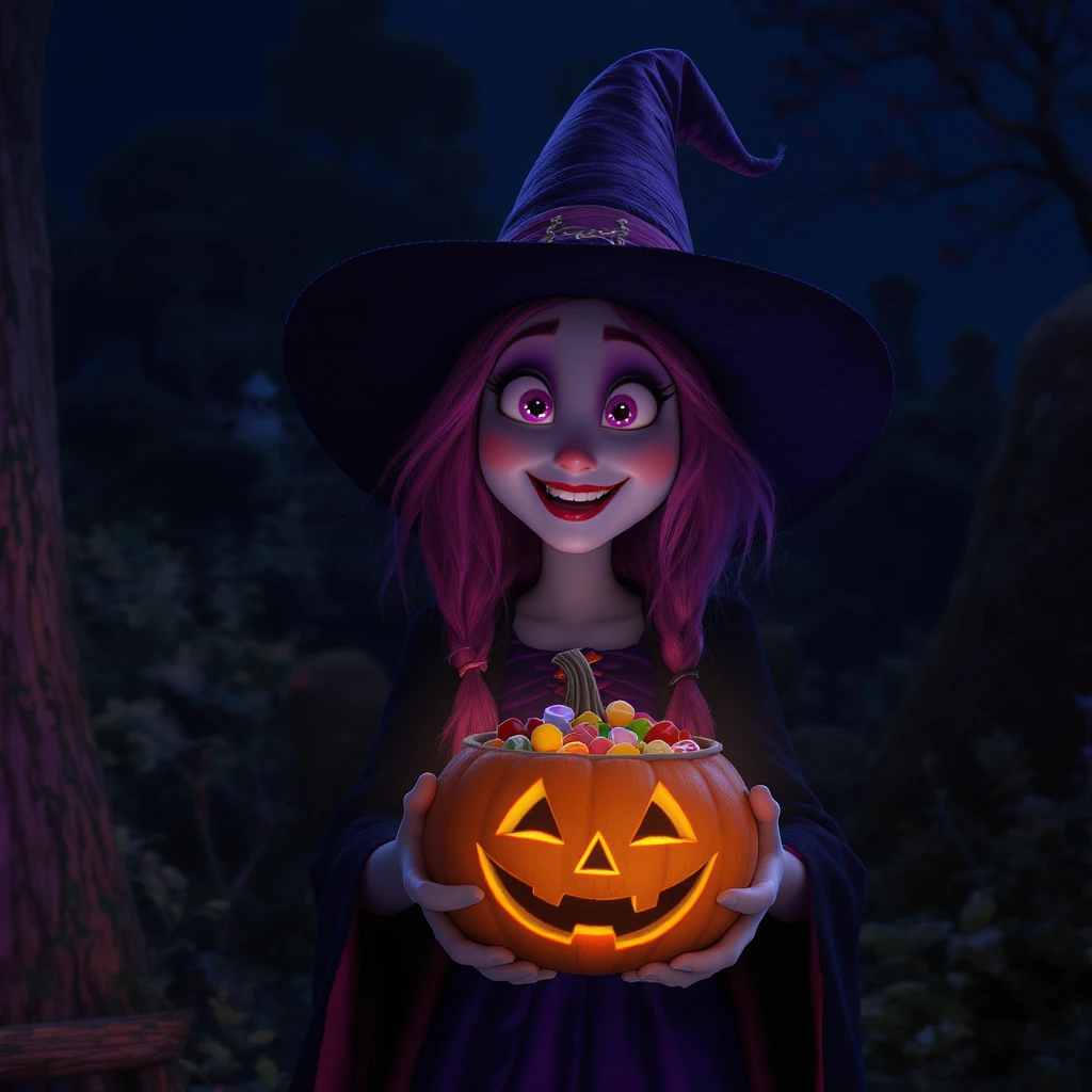 Cinematic still, Disney style, Happy witch holding pumpkin bowl full of candies, triadal character placement, dark blue color background, back light, Film inspired by Hotel Transylvania, purple light emoji