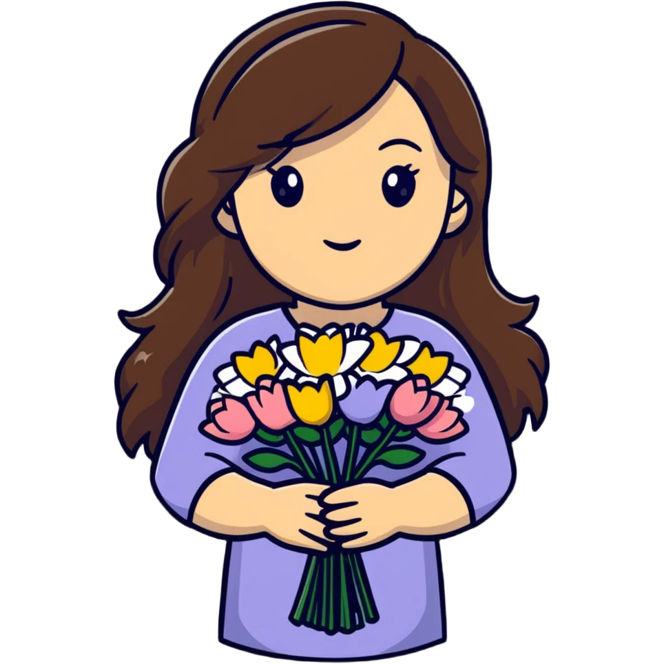 Cool girl with long brown hair and fair skin holding a bouquet of flowers emoji