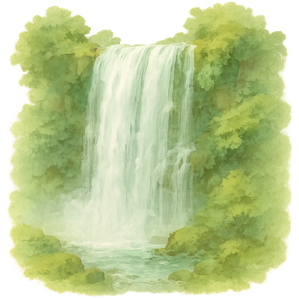a realistic waterfall, natural colors, soft, fairy-like atmosphere, no background, square size emoji