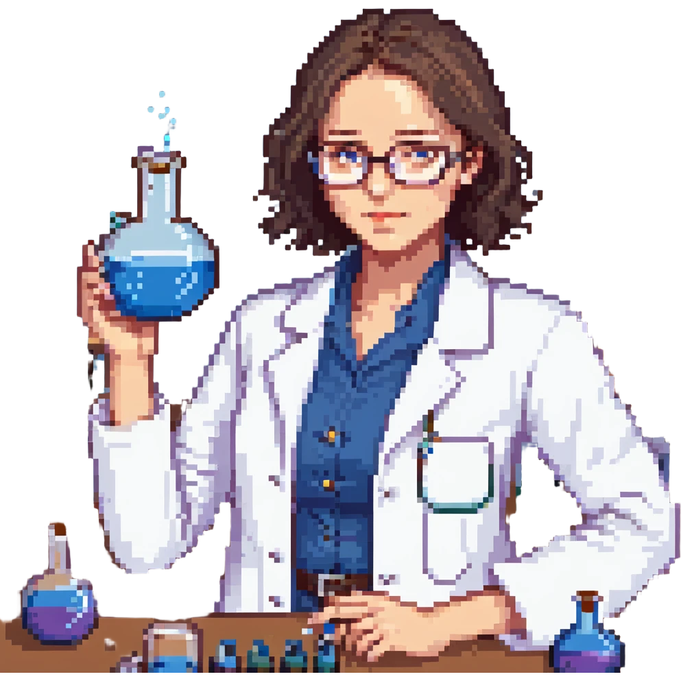 Flat pixel art, a female chemist, wearing glasses, white lab coat over indigo shirt, focusing on lab experiment, holding a flask in her right hand, waist-up, front-facing emoji