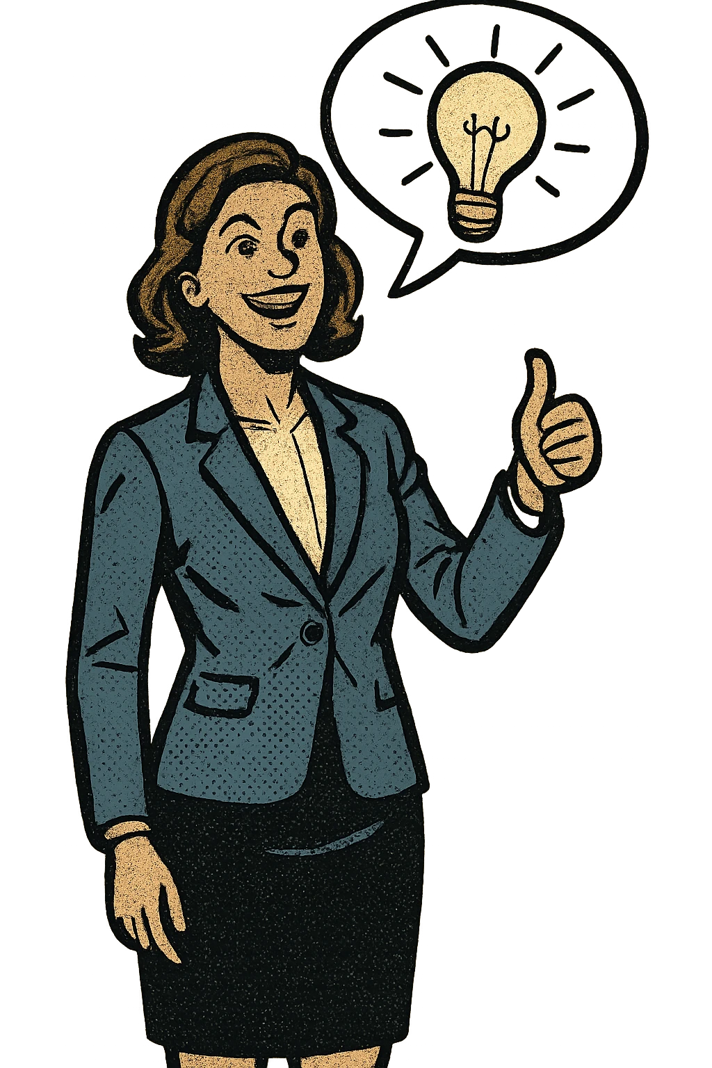 cheerful businesswoman standing with a comic-style speech bubble above her head showing an idea, dynamic and expressive emoji
