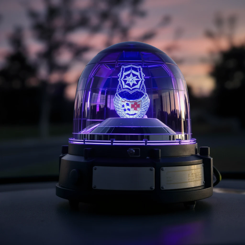 a realistic police beacon light, rotating, violet blue, showing glass and metal details emoji