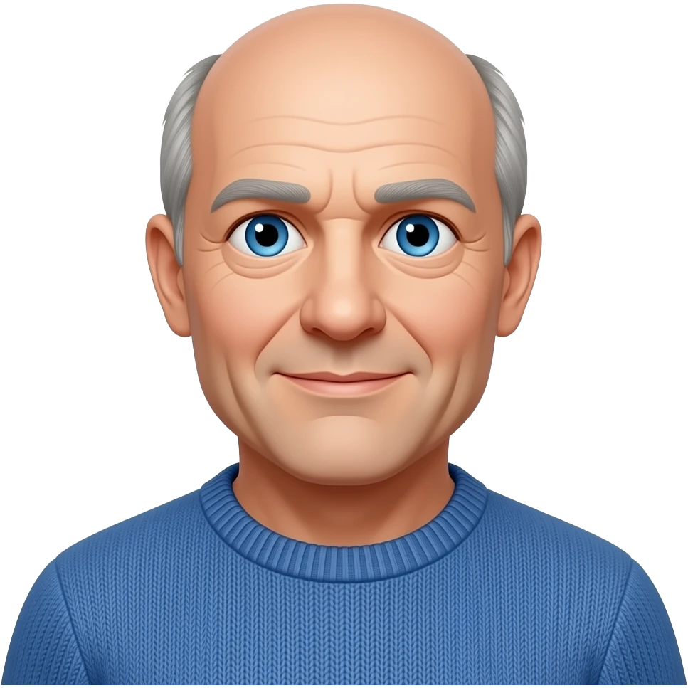PD - man, blue eyes, early 60s, bald with grey hair on side of head, blue jumper emoji
