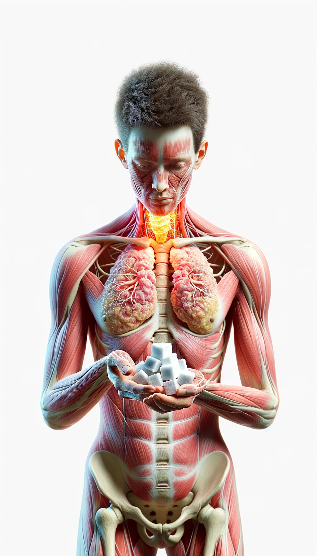 corpo umano anatomico con capelli corti a figura intera fino alle ùginocchia, tiroide infiammata in evidenza, tiene in mano una manciata di zollette di zucchero, iperrealistica 4k, isolato su sfondo bianco emoji