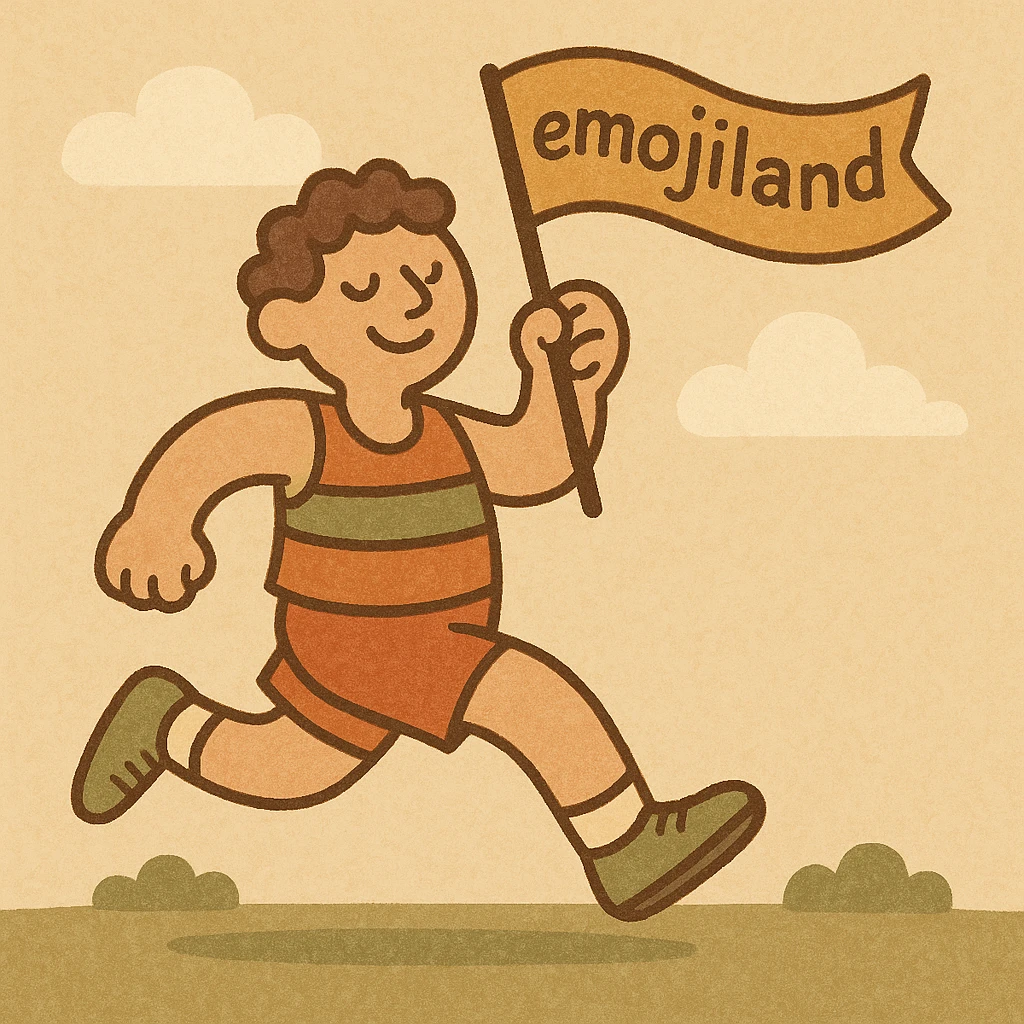 happy runner waving a flag that says 'emojiland' emoji