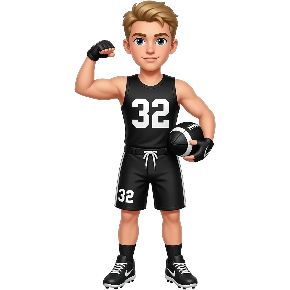 White skin teenager boy with blonde medium hair black tank top with white number 32 black shorts number 32 Nike cleats flexing with the footbal black gloves emoji