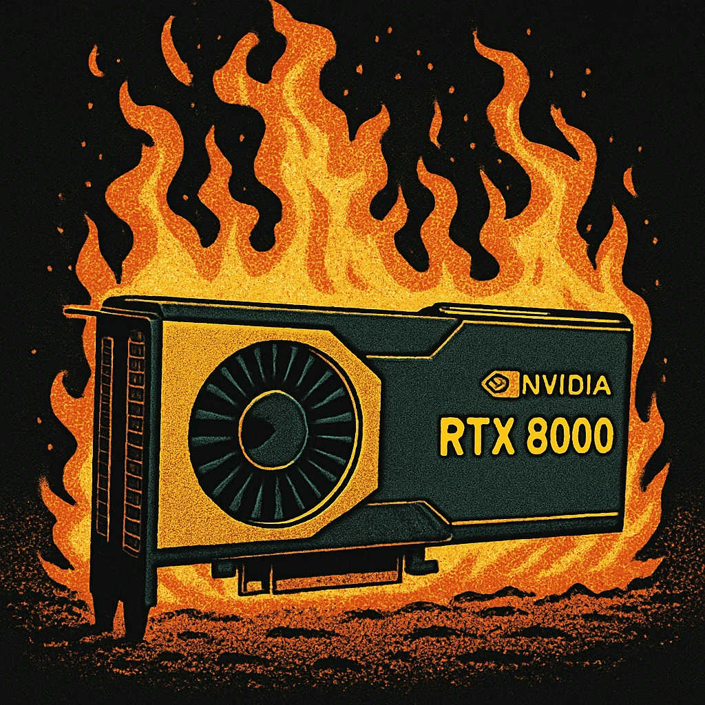 Convert the burning NVIDIA RTX8000 graphics card to old school comic book style with bold lines, halftone shading, and expressive flames. No text included. emoji