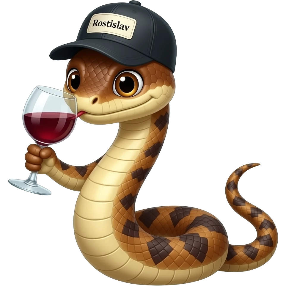 A brown-eyed snake wearing a cap with the inscription "Rostislav" drinks wine. emoji