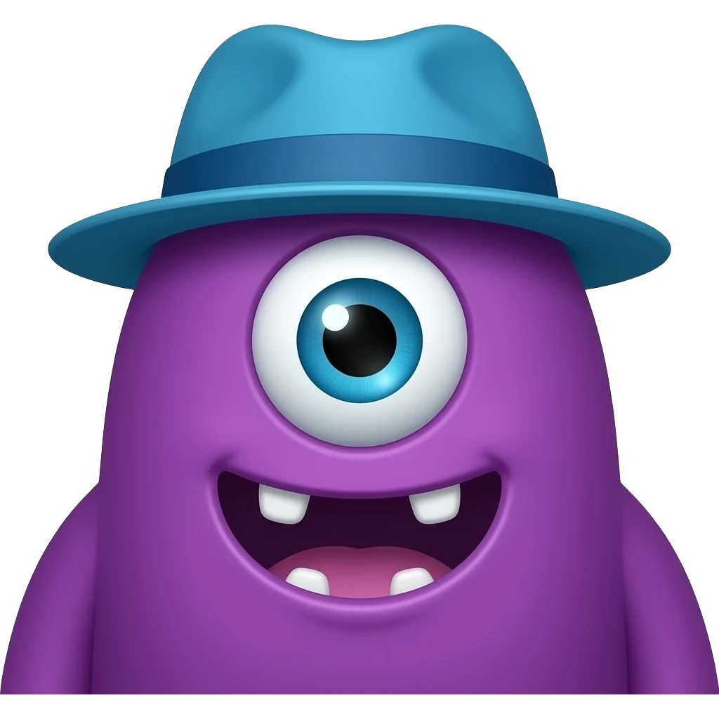 monster in purple color with one eye and wear blue hat half body close up emoji
