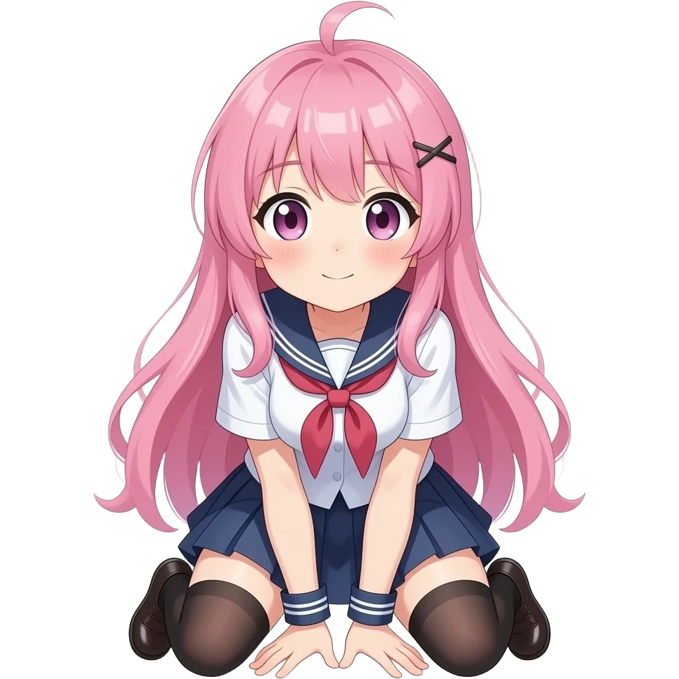 Pink haired anime school girl on her knees looking up emoji
