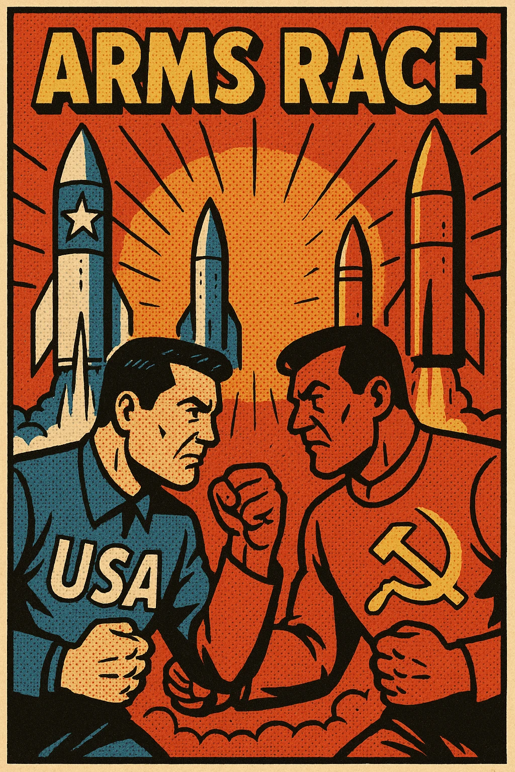 An poster showing the image of an ARMS RACE between the USA and Soviet Union during the Cold War with images of nuclear missiles emoji