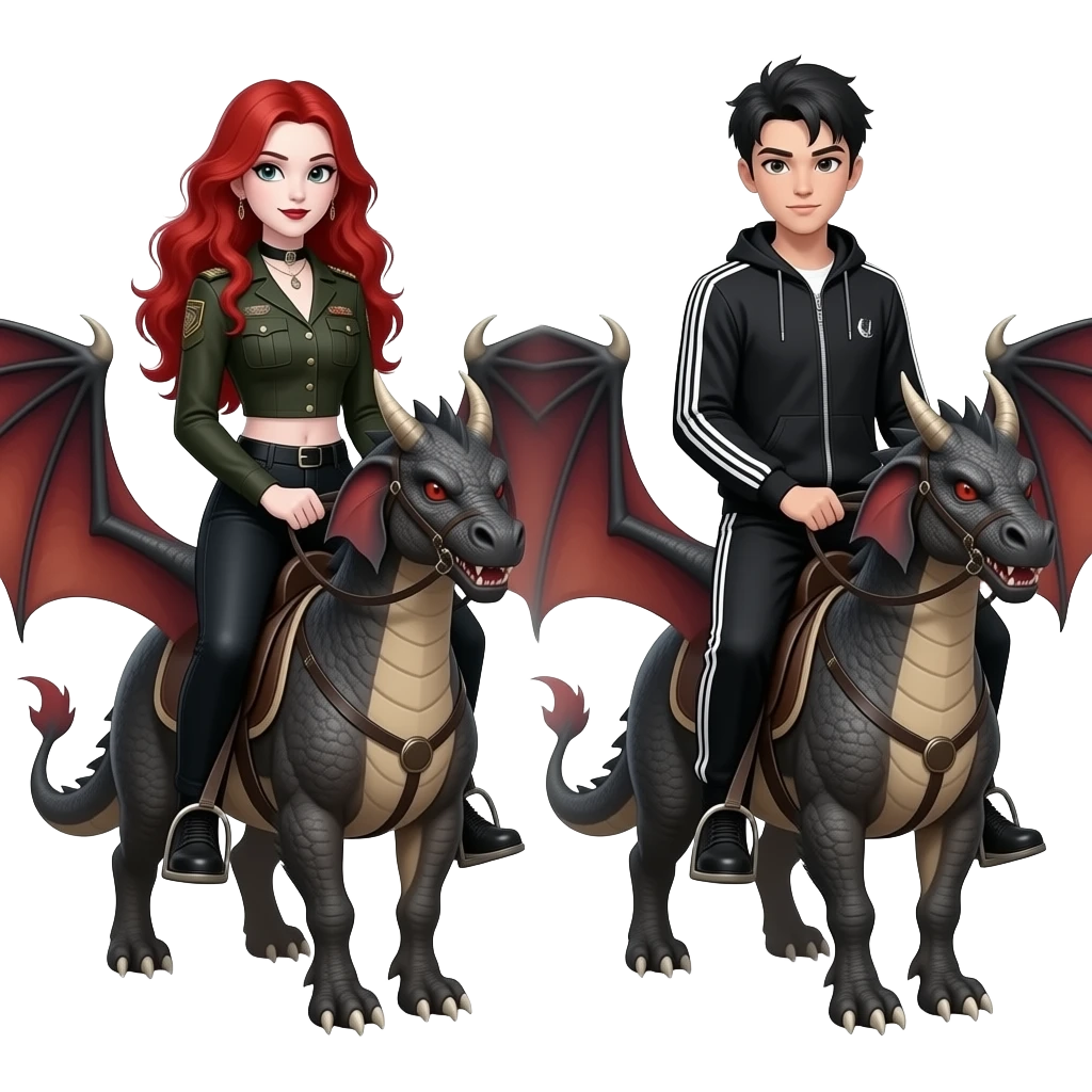 Vampiro adolescente femmina con pelle bianca e capelli rosso ondulati lunghi che indossa dei jeans neri a zampa d' elefante e un top stretto con le maniche lunghe stile militare con suo fratello VAMPIRO maschio con la pelle bianca e una tuta da ginnastica nera che cavalcano 2 draghi emoji