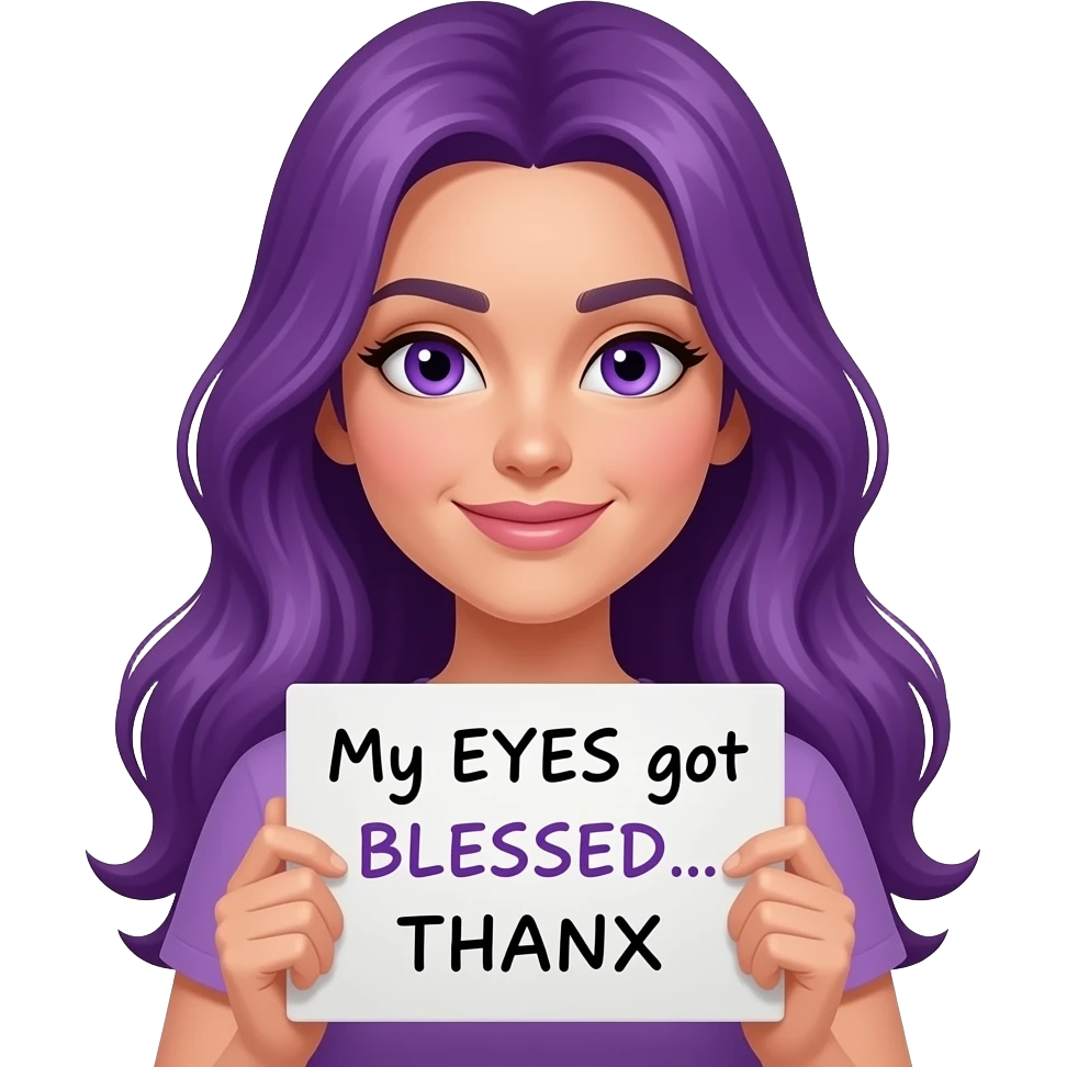 sexy girl with long purple hair and purple eyes holding a My EYES got BLESSED... THANX sign emoji