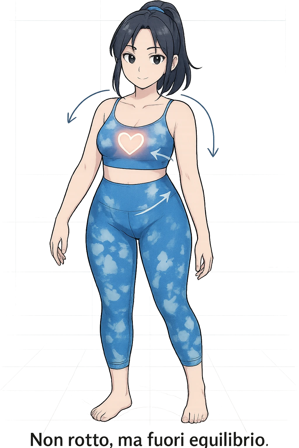 stile manga a woman stands in a relaxed pose, with a gentle, confident expression. Her body is shown with subtle, curved lines or arrows indicating areas of imbalance (such as a slight tilt in the shoulders or hips), but no signs of injury or damage. A soft glow or heart symbol at her core emphasizes resilience and the message “Non rotto, ma fuori equilibrio” The background is clean and clinical, with light blue tones. emoji