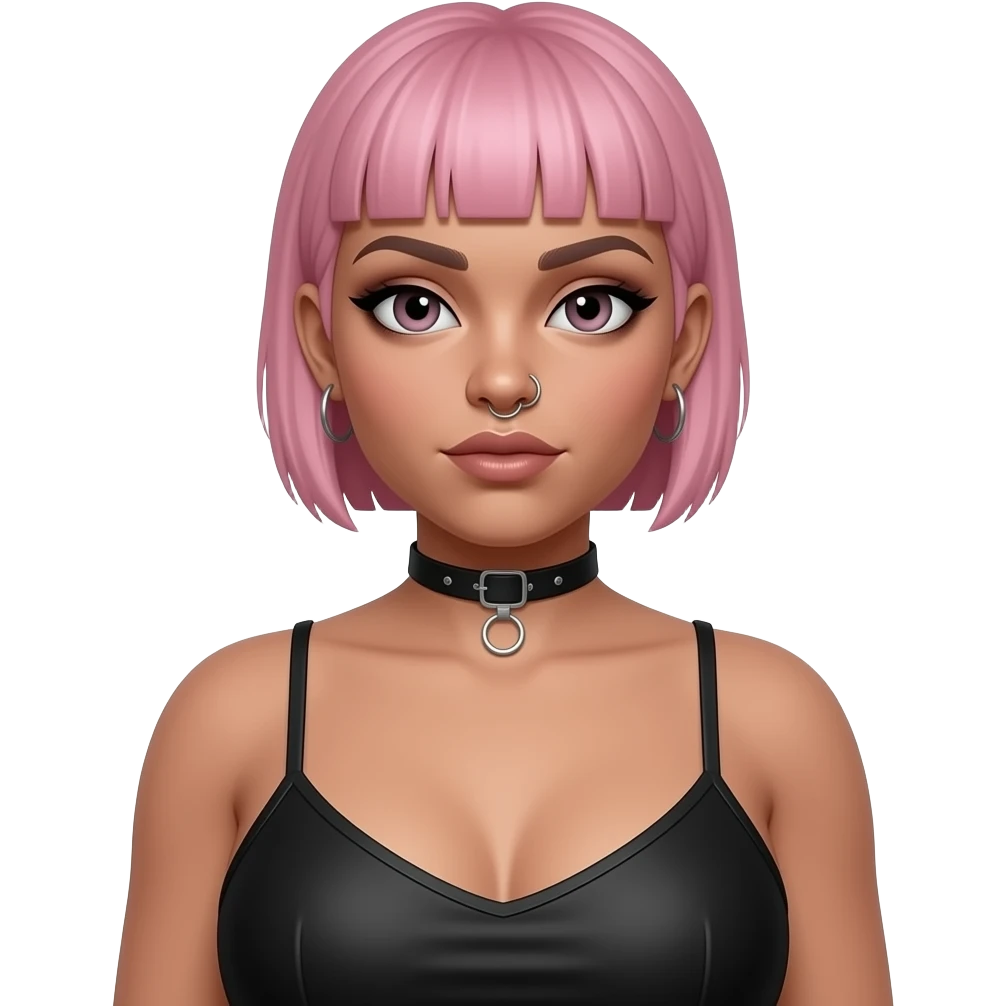 Full body fat goth style woman with short buzzcut pink hair full body, earrings, nose ring. Wearing a spaghetti straps halter top emoji