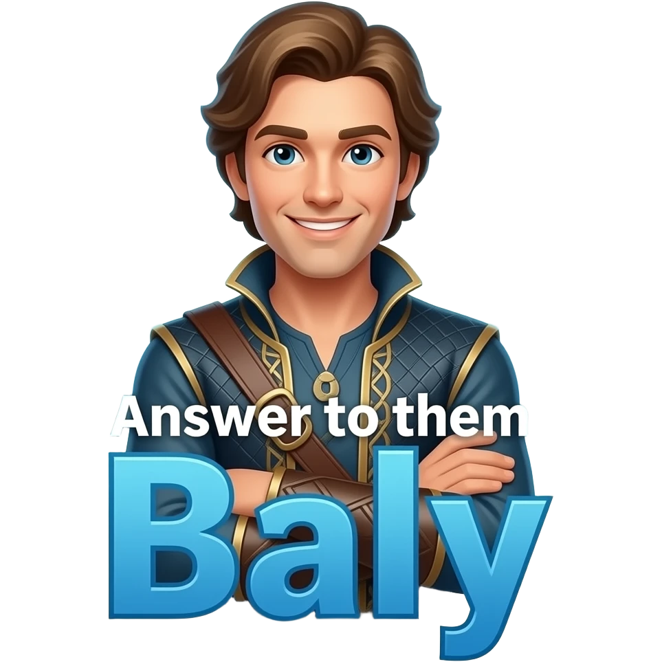 Fantasy man, arms crossed, smiling. Magical aura. Text: 'Answer to them, Baly'. Baly in sky blue. Clean white background, sticker style. emoji