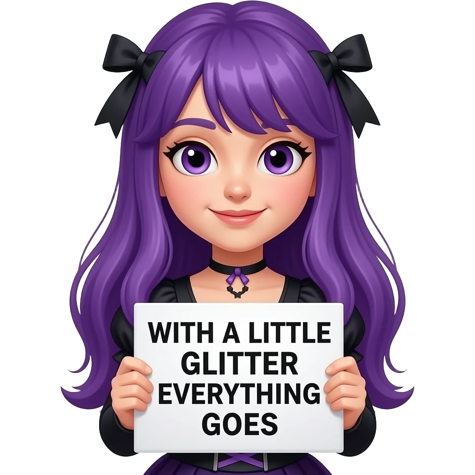girl with long purple hair wearing a halloween costume holding a MIT EIN BISSCHEN GLITZER GEHT ALLES sign emoji