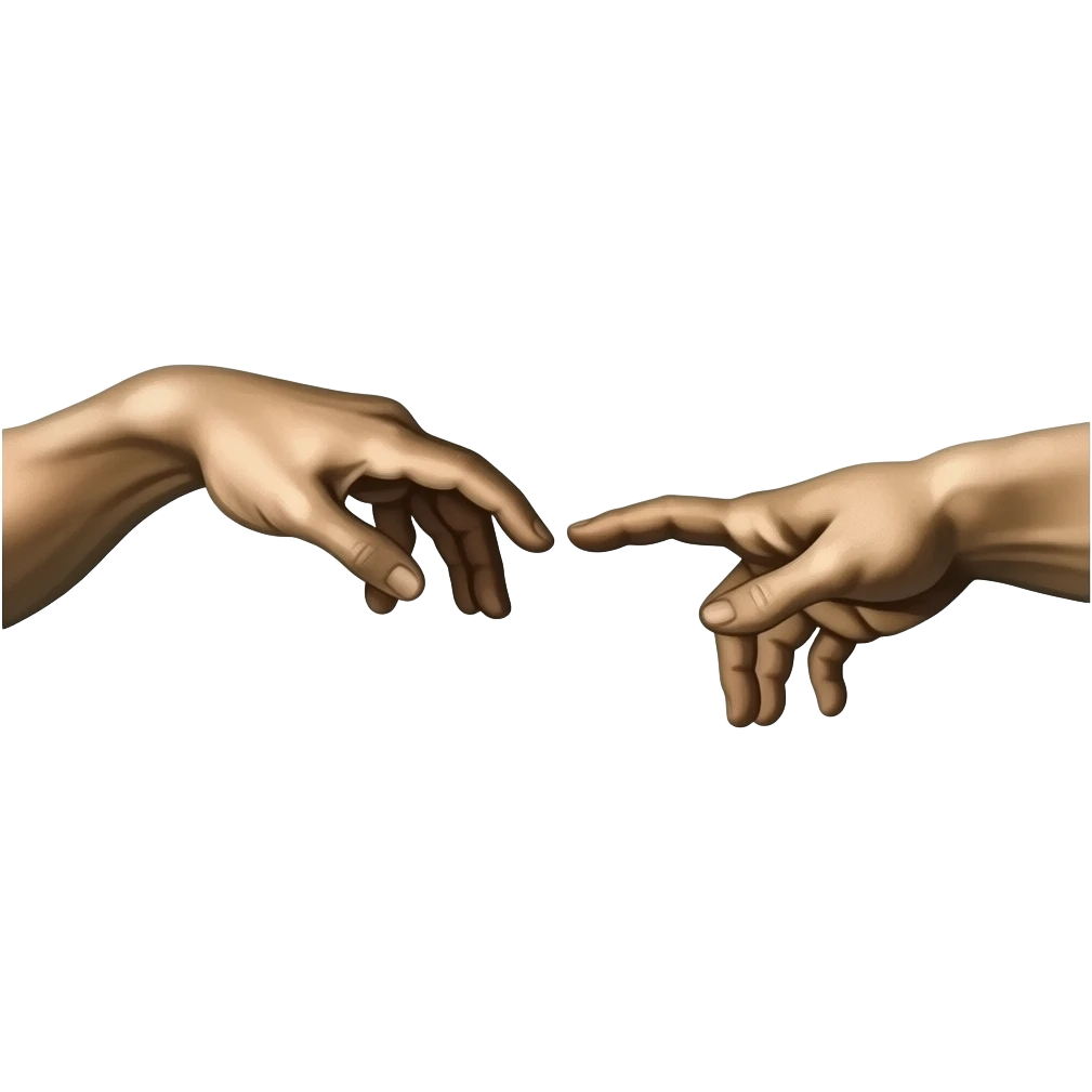 the touch of the fingers of two palms as in Michelangelo's painting in the Sistine Chapel, but mechanically constructed emoji