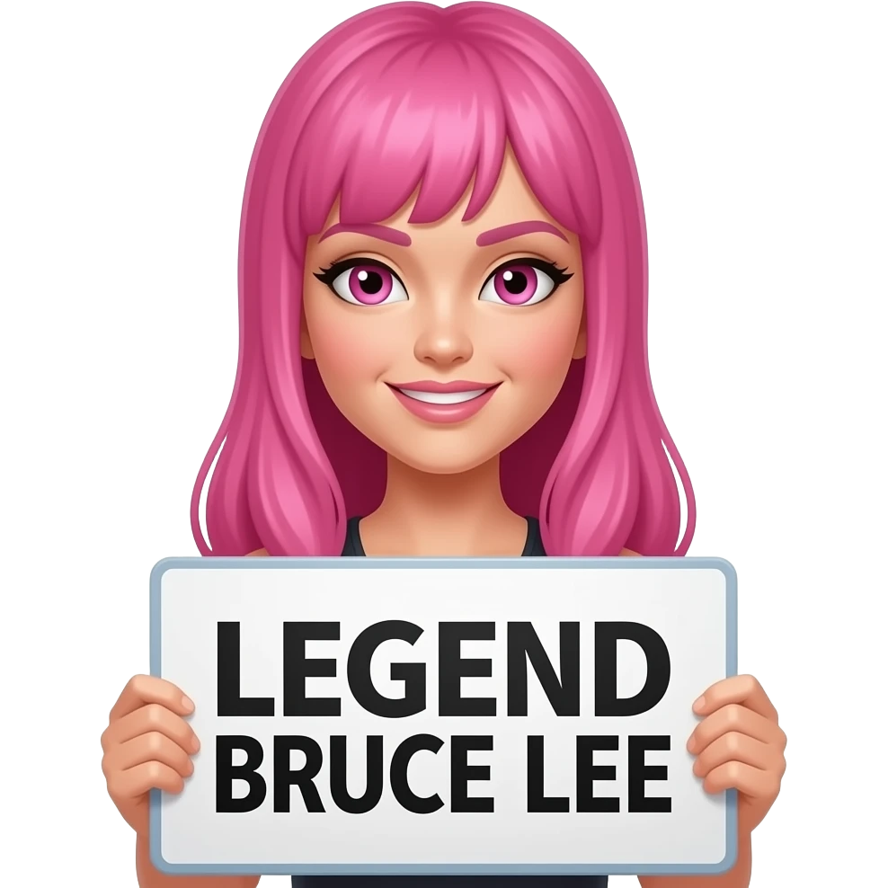 sexy girl with long pink hair and pink eyes holding LEGEND BRUCE LEE sign emoji