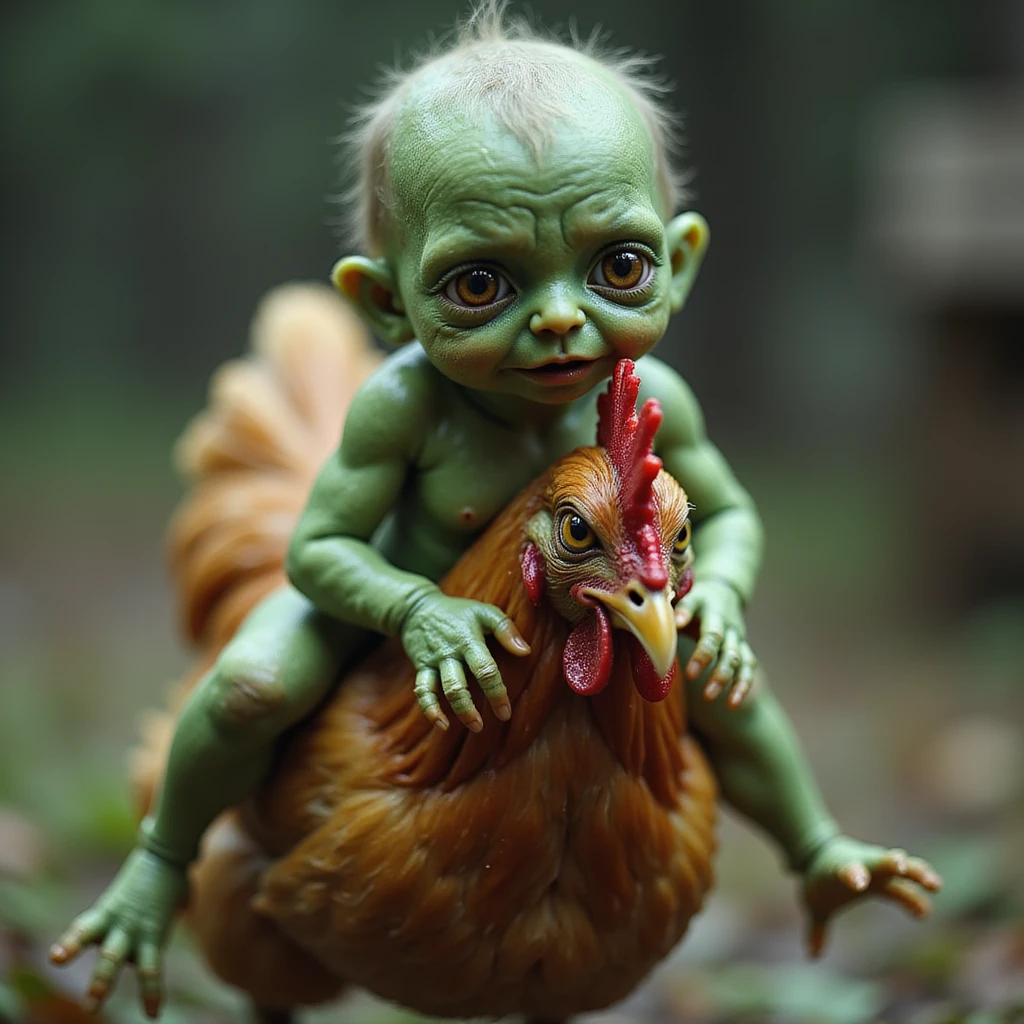 a realistic green baby zombie riding a chicken, cinematic look, high detail emoji