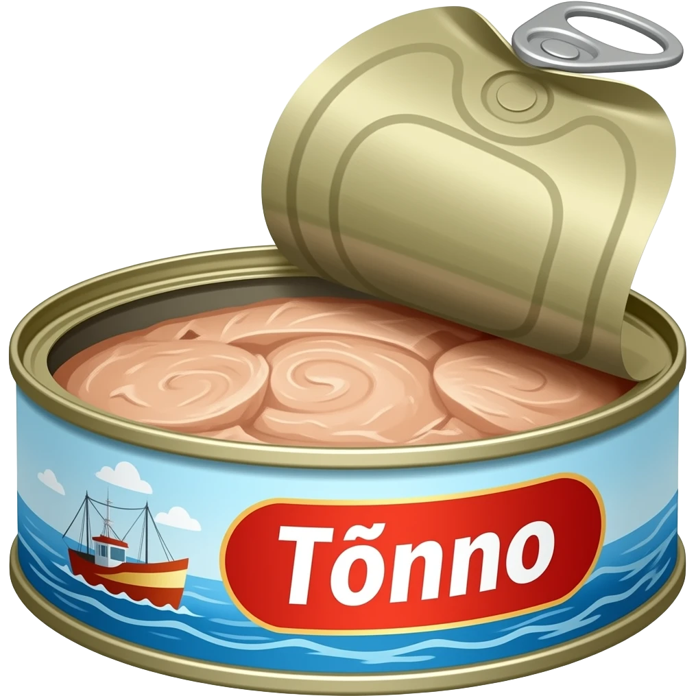 An opened tuna can with canned tuna fish (round)on the inside and a label with Tònno written on it and a fishing boat on waves in the background emoji