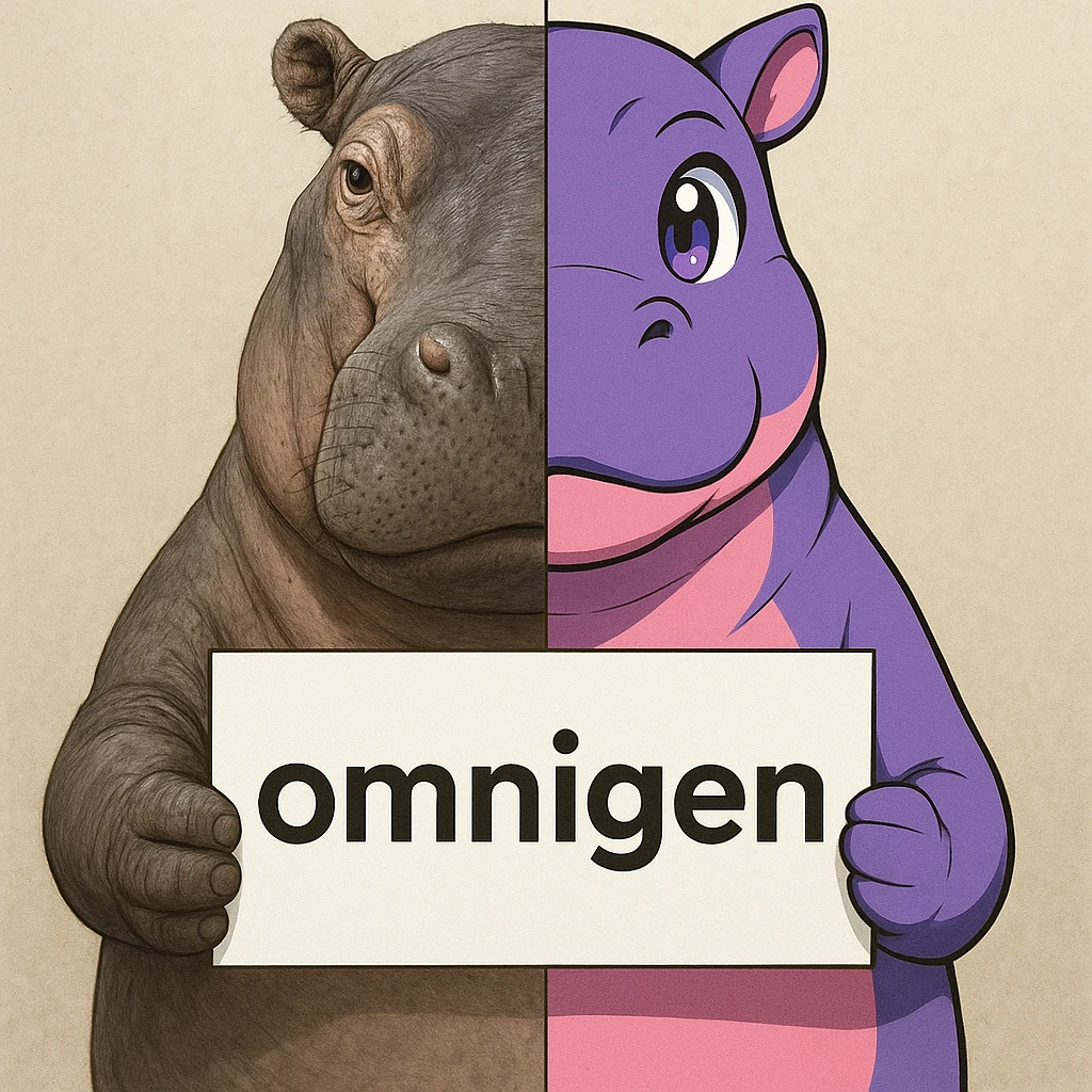 a hippo holding sign of omnigen, half picture hippo is realistic another hald is the anime of that same hippo emoji