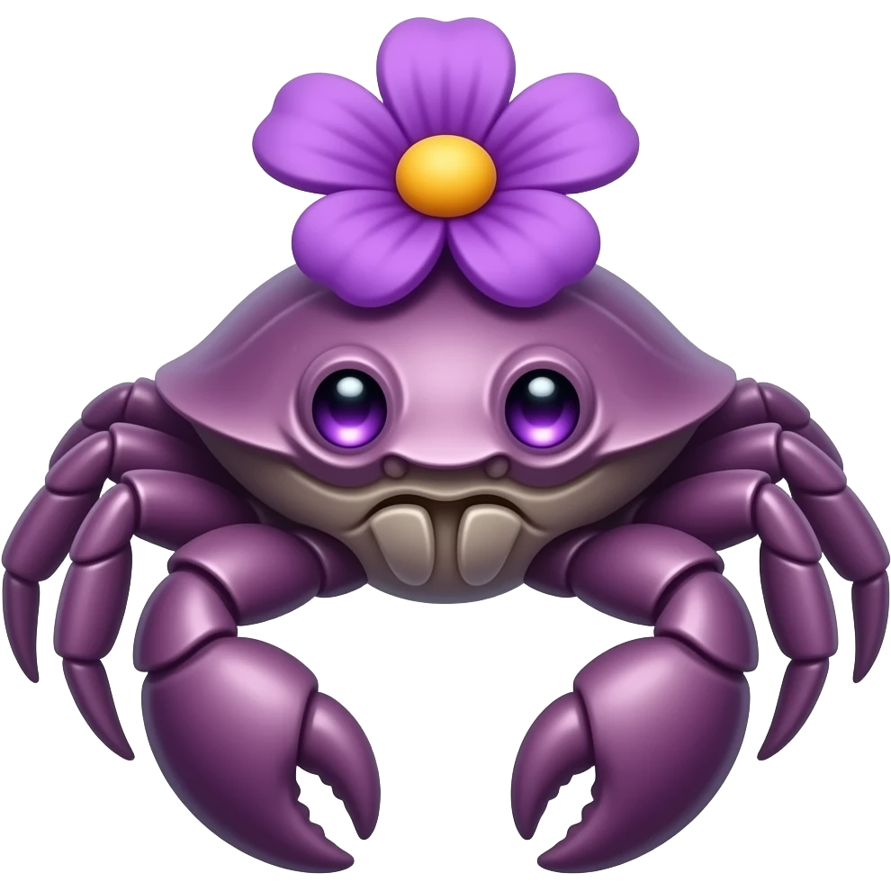 A purple crab with a purple  flower growing on its back on its back purplen eyes glowing eyes facing forward emoji