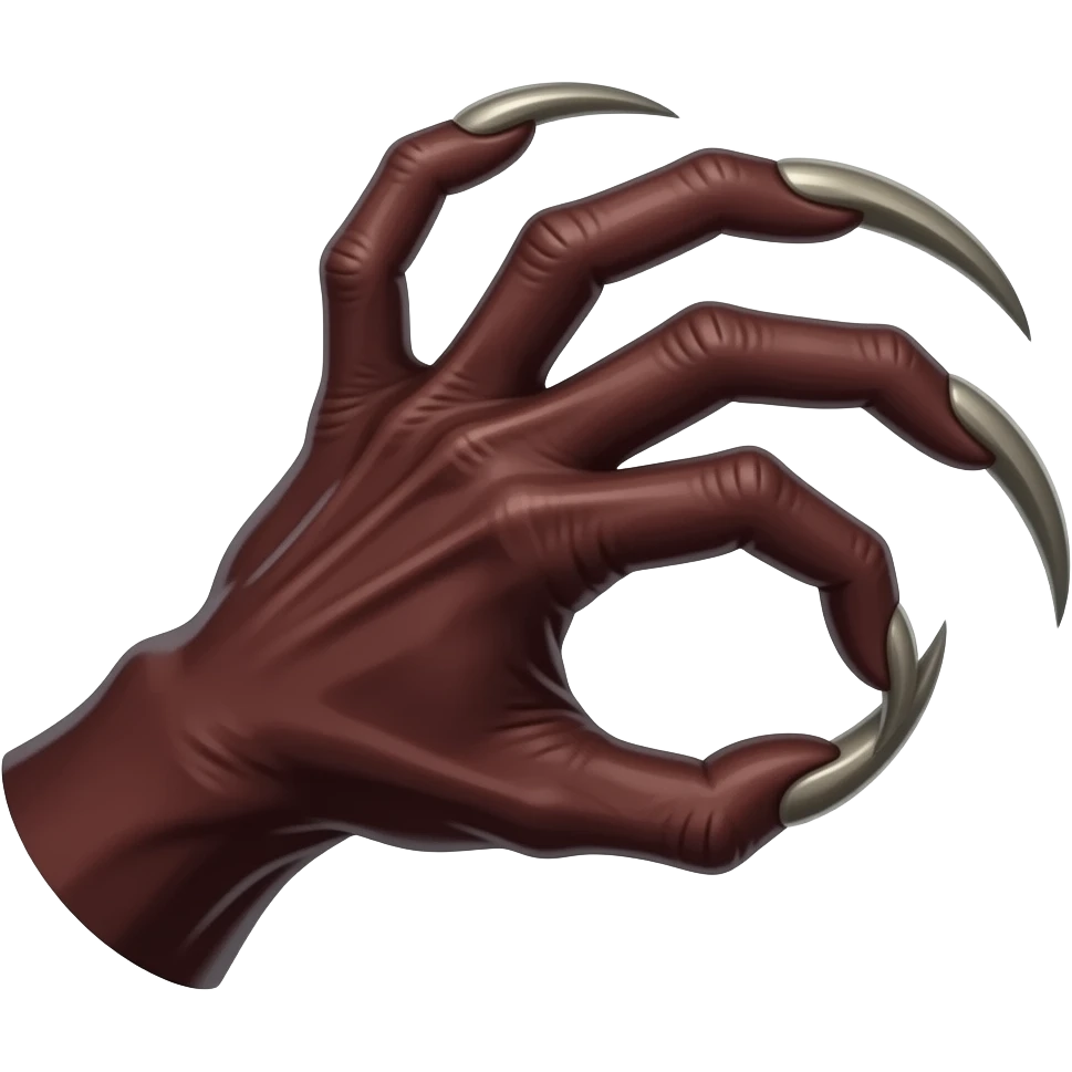 Long dark Demonic hand with sharp claws. The hand should be reaching out violently and to attack and slashing towards the right of the image violently. Shift the perspective to a side profile to show the curvature and length of the claws more clearly. emoji