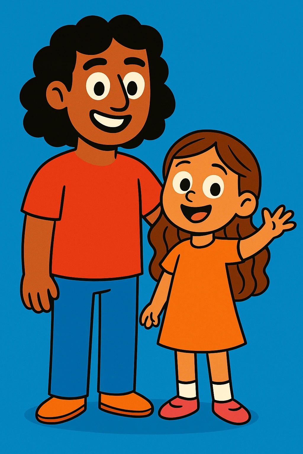 A father with medium brown skin and curly black hair at his shoulders, standing with a young girl who has light brown skin and long wavy brown hair, both happy, cartoon style emoji