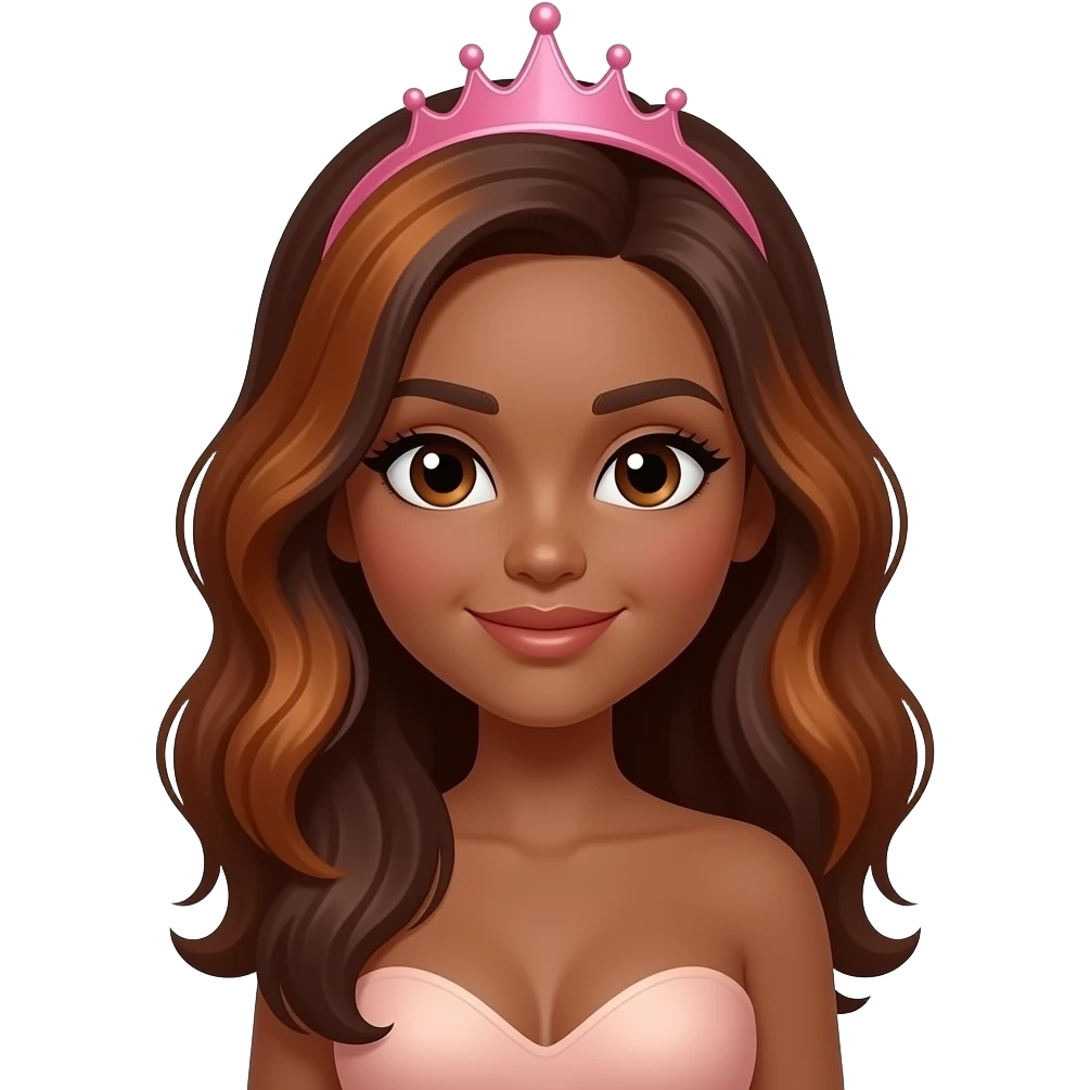 hair with pink tiara, Dark brown eyebrows,Dark brown skin, Doll shaped face, doll eyes, wavy with side part longer straightened auburn  hair with dark brown highlights, big breast no bra emoji