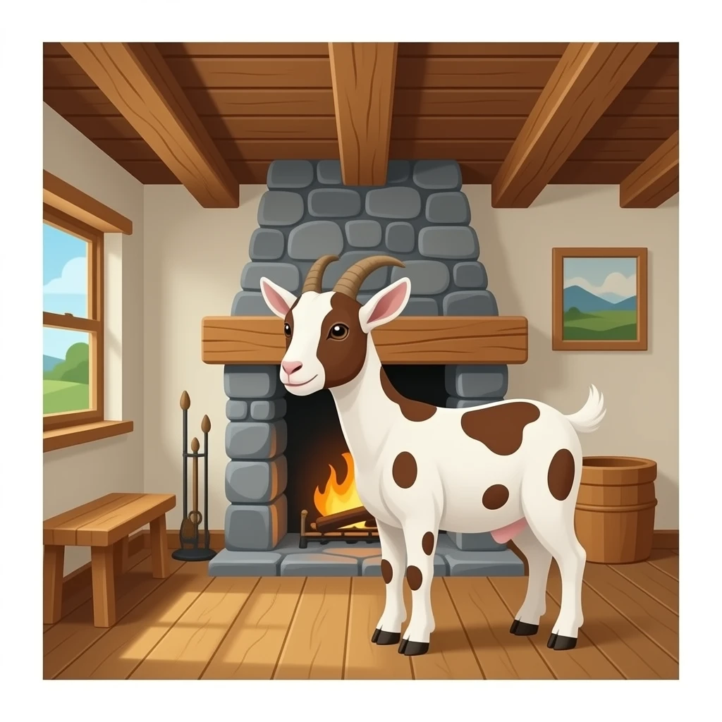 hazme la parte de dentro de una casa, la casa tiene que ser rustica. Pon alguna cabra pequeña con manchas marrones dentro de la casa. emoji