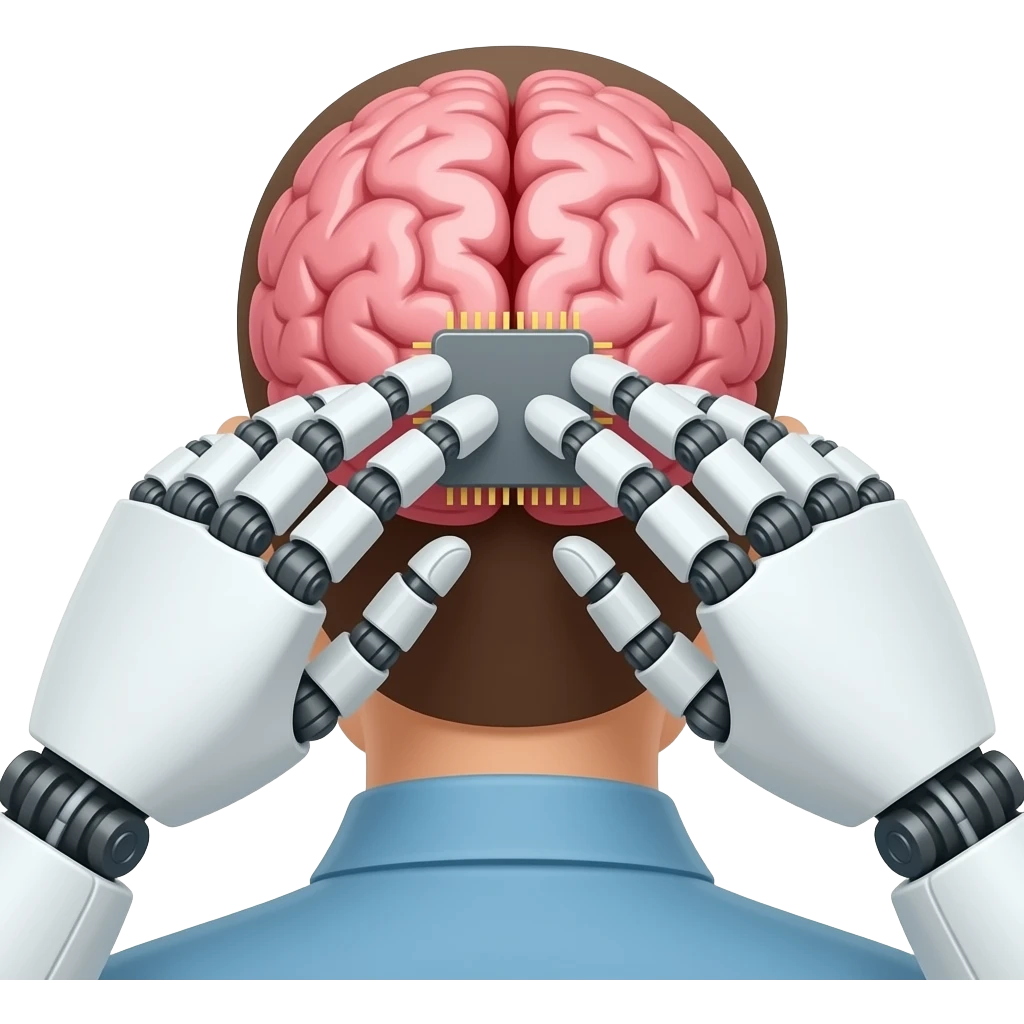 Manos de un robot implantando un chip  por la parte de atrás en el cerebro de un humano emoji