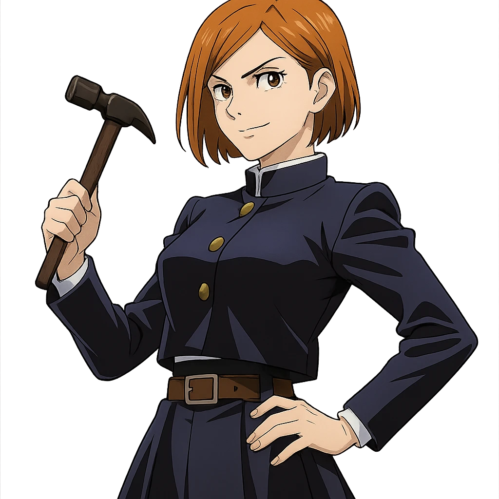 Nobara Kugisaki, short orange hair, holding hammer, confident pose, anime style emoji