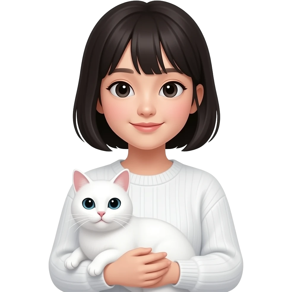 Short black hair korean girlwearing a white Sabrina knit shirt and being with a white cat emoji