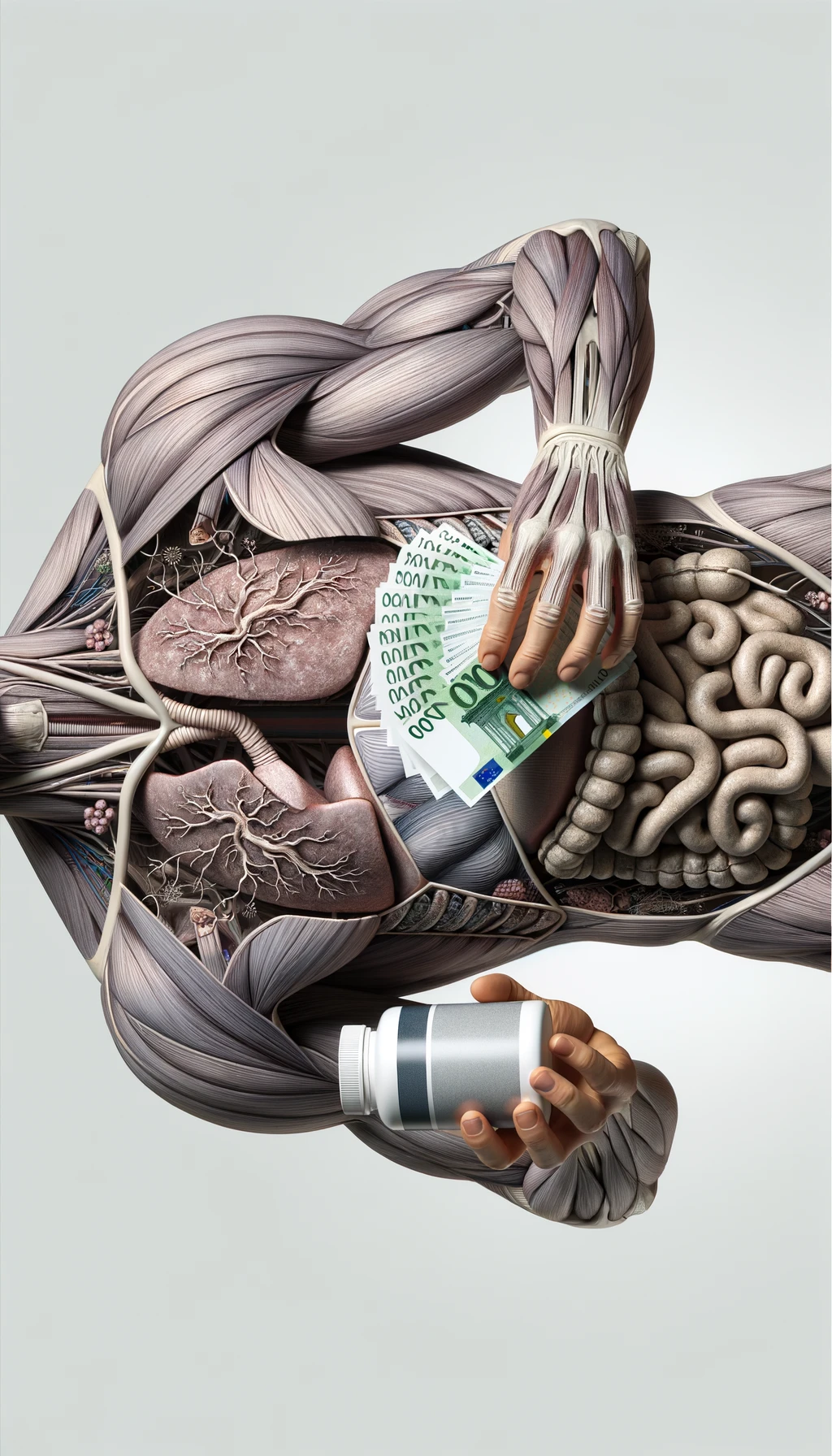 corpo umano anatomico che tiene nella mano destra una boccetta di integratore e nella mano sinistra delle banconote, sfondo neutro chiaro emoji