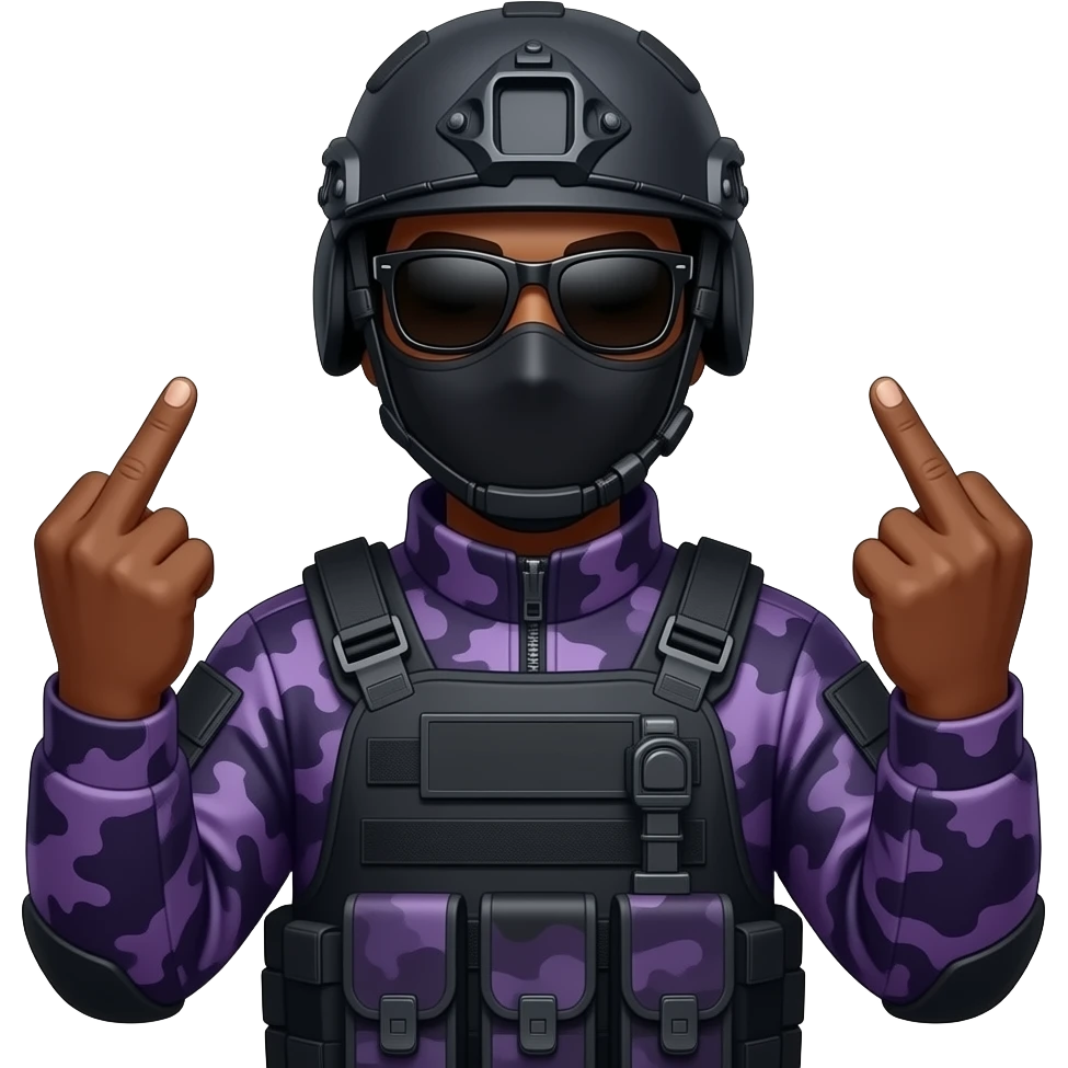 Black Man in large black sungoggles dark purple camoflage tactical gear helmet mask giving both middle fingers emoji