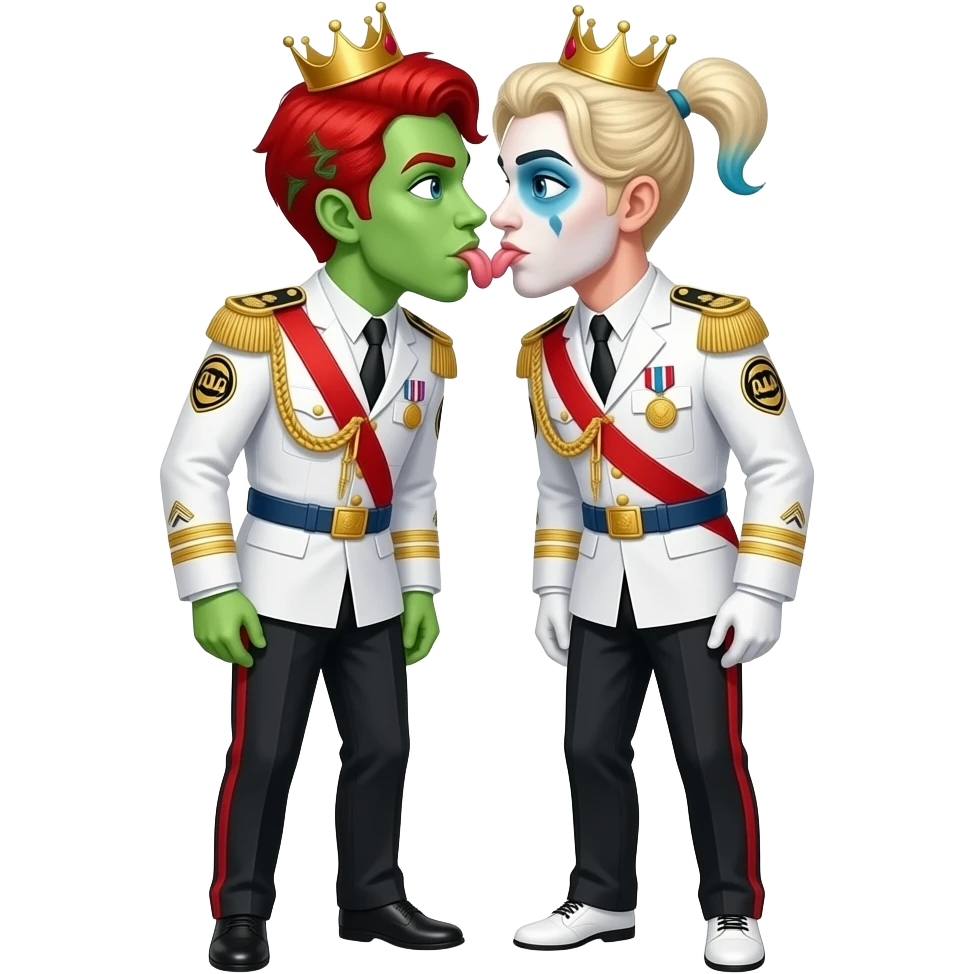 Red hair female Poison ivy and harley quinn from dc comics are same wearing gold tiara white military tunic arm badge shoulder cord medal red sash blue belt black trouser with both side red stripe white shoes and they both kiss with tongue of little brat emoji