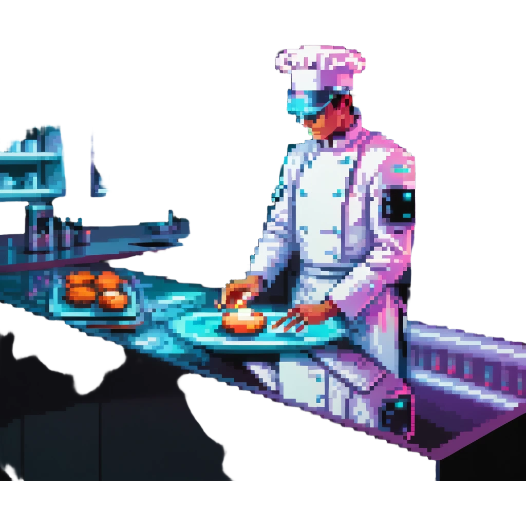 A sleek cyborg baker using holographic ingredients and laser precision. The kitchen is a fusion of chrome, glass, and neon. Interface elements float like holograms, with glowing edges, translucent layers, and tactile feedback illusions. emoji