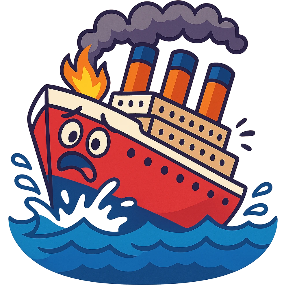 cartoon Titanic sinking with exaggerated expressions, bright colors emoji