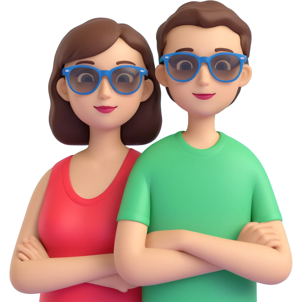 A happy woman with brown hair and a child boy, both wearing Ray-Ban glasses emoji