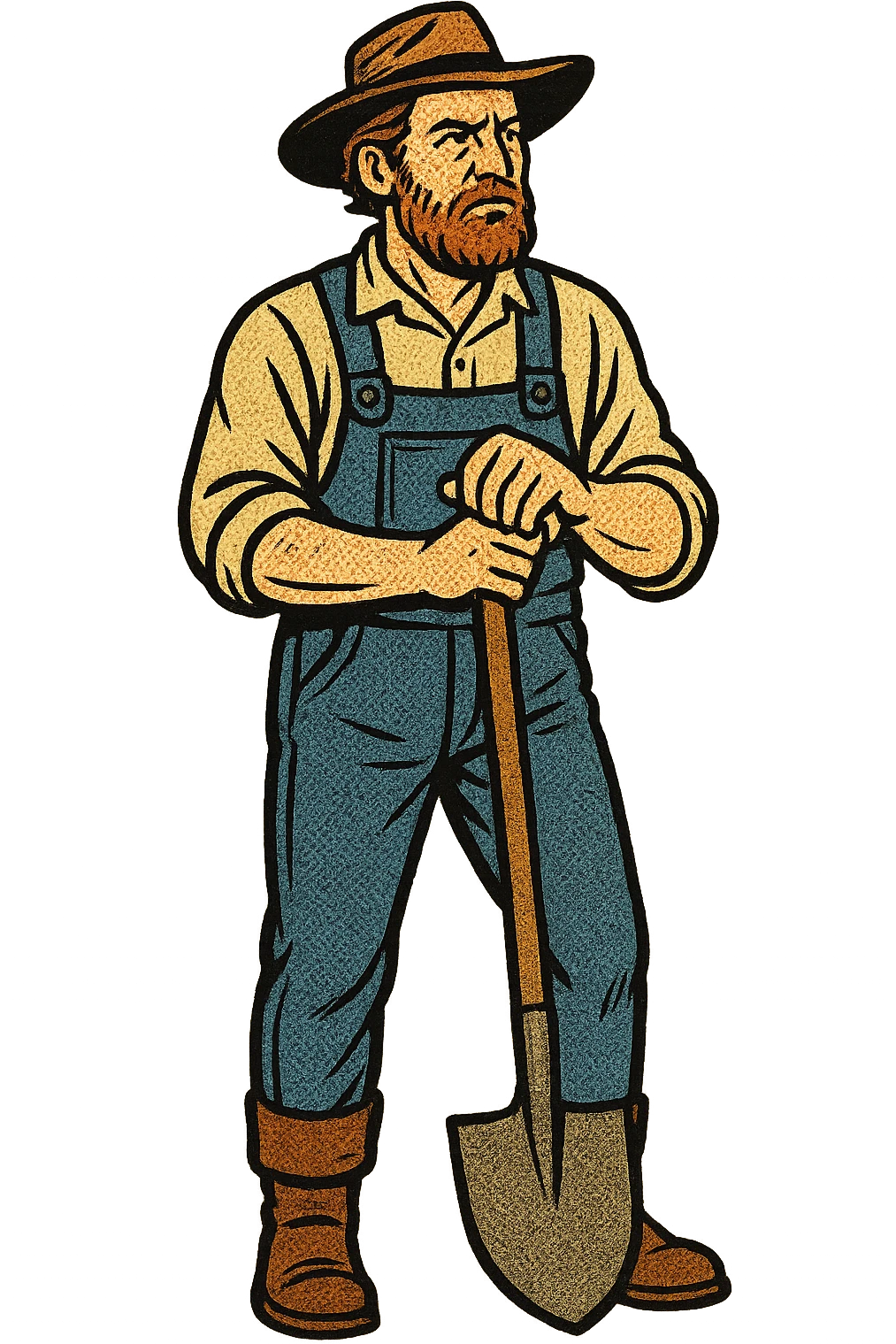 The full body of a male middle aged American homesteader from the 1850s holding a spade emoji
