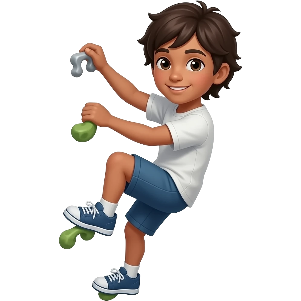 un niño de 12 años que se le vea todo el cuerpo, que sea moreno y que tenga el pelo medianamente largo. no tan moreno. que este escalando emoji