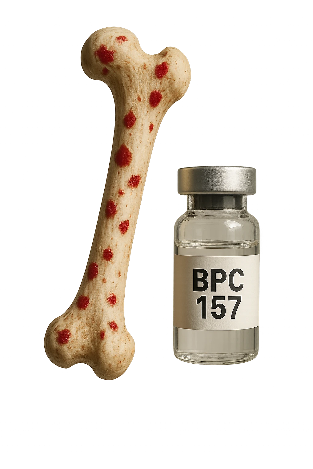 osso umano con red spot fluttua insiema a fiala medica con la scritta "BPC 157" SULL'ETICHETTA, iperrealistiche 4k emoji