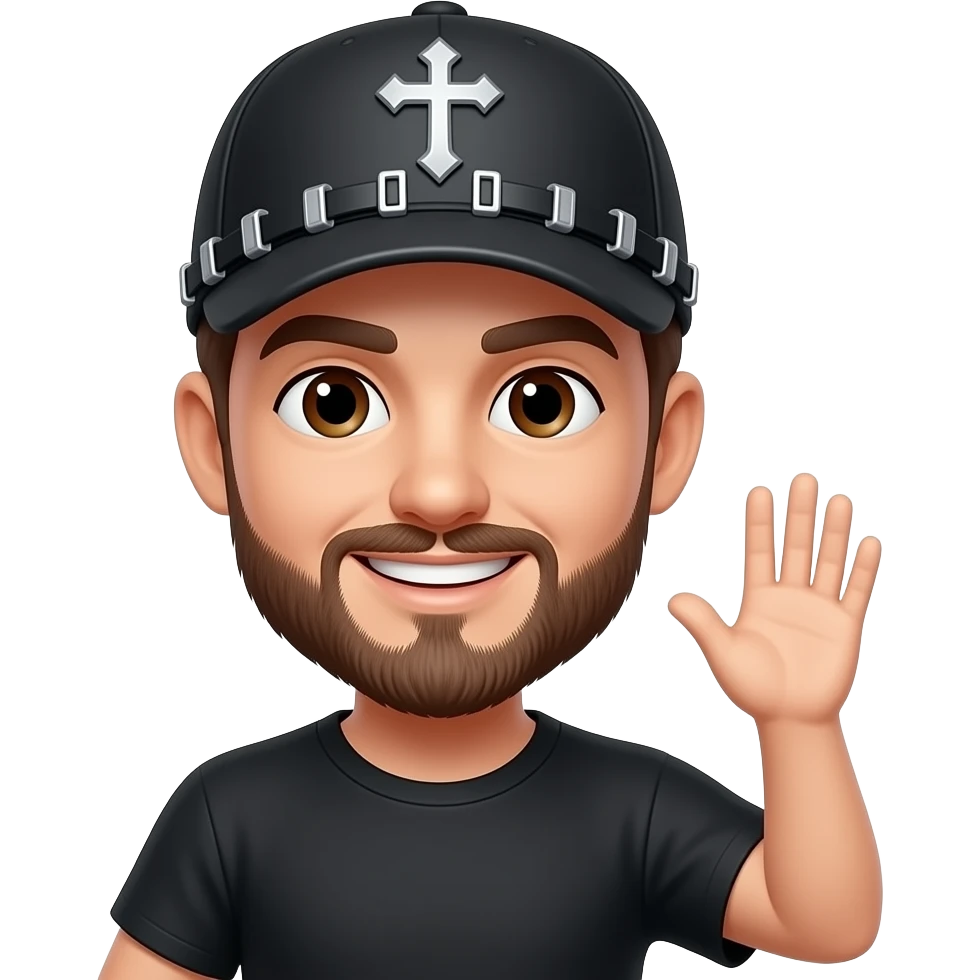 Brown eyes, rock-style cap with metallic clips on the cap visor , rock cross on the cap , black teeshirt, saying hi, no ratio, no chain, short hair , brown beard, no withstand emoji