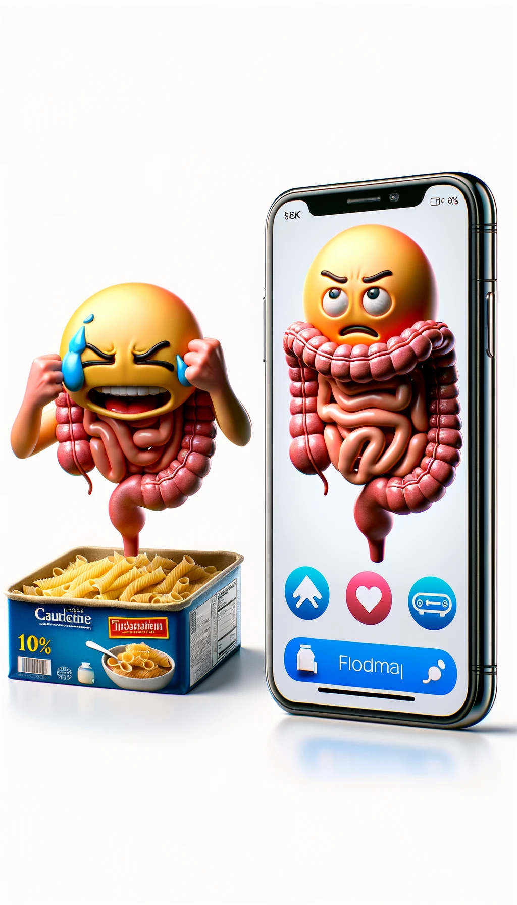 emoji stile iphone di un intestino che beve latte e ha un espressione di dolore e un intestino che guarda un pacco di pasta con la scritta "100% FODMAP" SULL'ETICHETTA CON ESPRESSIONE CONFUSA, iperrealistico 4k, isolato su sfondo bianco emoji