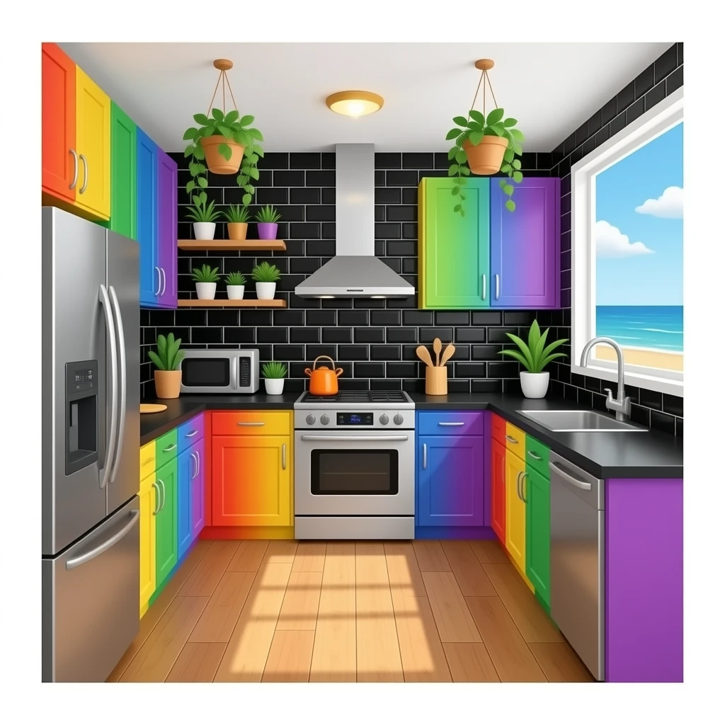 fancy kitchen with black wall tiles, rainbow cabinets, black countertops, wood floors and decorative plants on the ceiling, on the beach emoji
