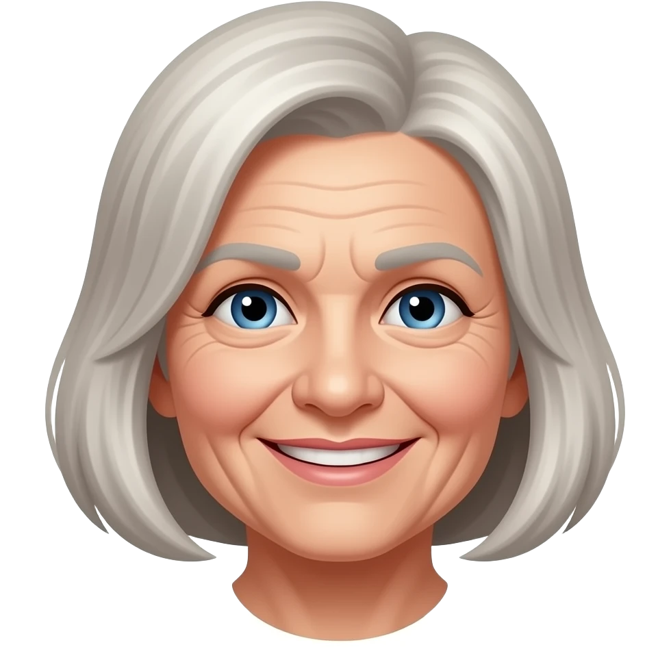 Elderly smiling woman with small blue eyes no bangs gray blond hair medium bob and wrinkles emoji