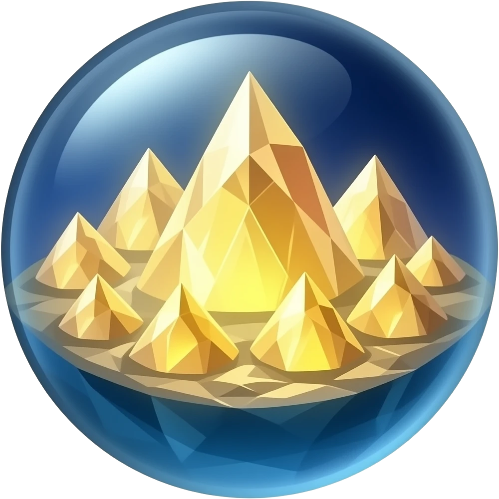 yellow, orange and blue icon crystal globe, surface covered in glowing crystals mountains emoji
