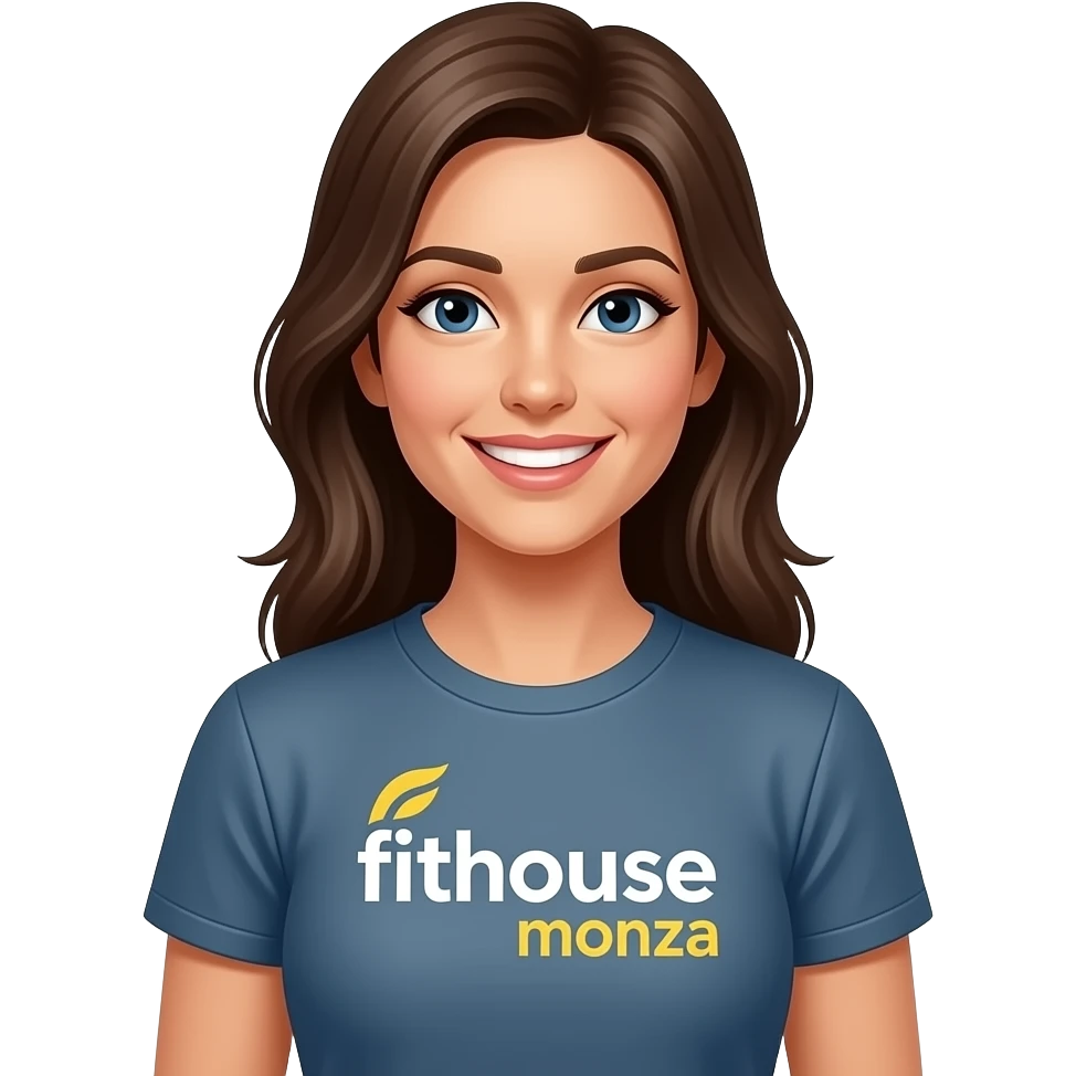 ai agent, personal trainer smiling, woman and with the fithouse monza logo on the t shirt emoji